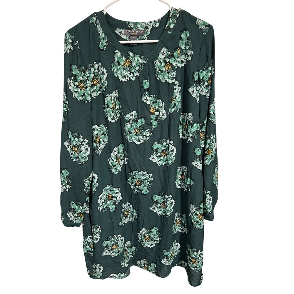 A Pea In The Pod Green Floral Maternity Tunic L Long Sleeve Lightweight Button